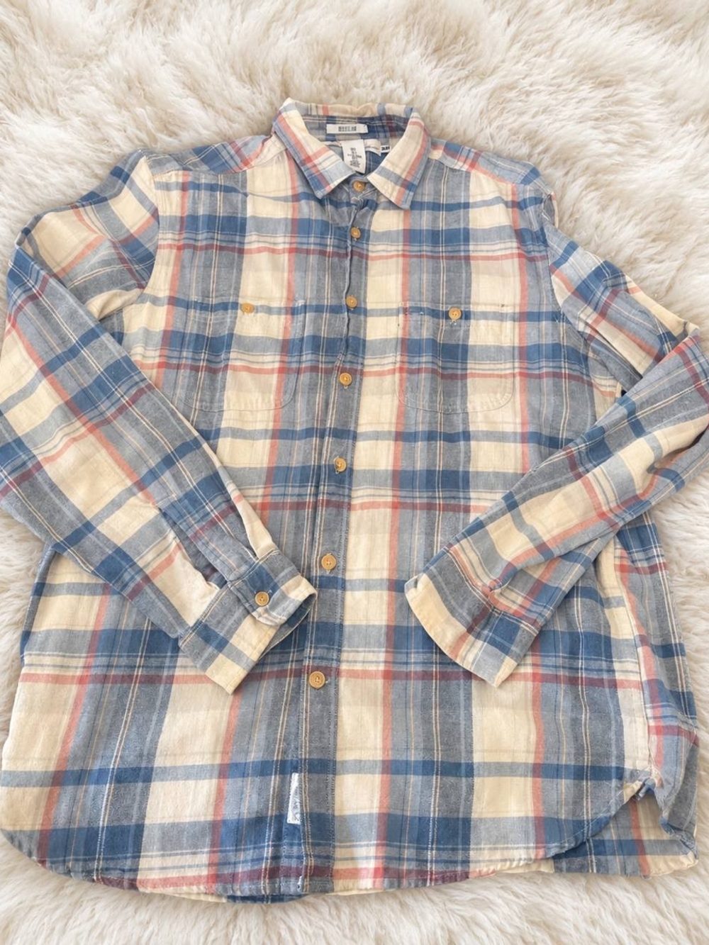 H&M Plaid Button-Down Shirt in Blue, Cream & Red Accents